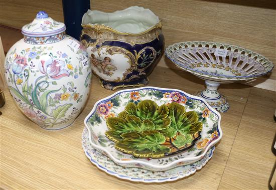 Five pieces of faience and a jardiniere